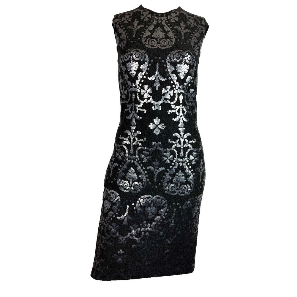 4 OPULENT Douglas Hannant Sequin Damask Print Cocktail Dress Italian Style Gray
